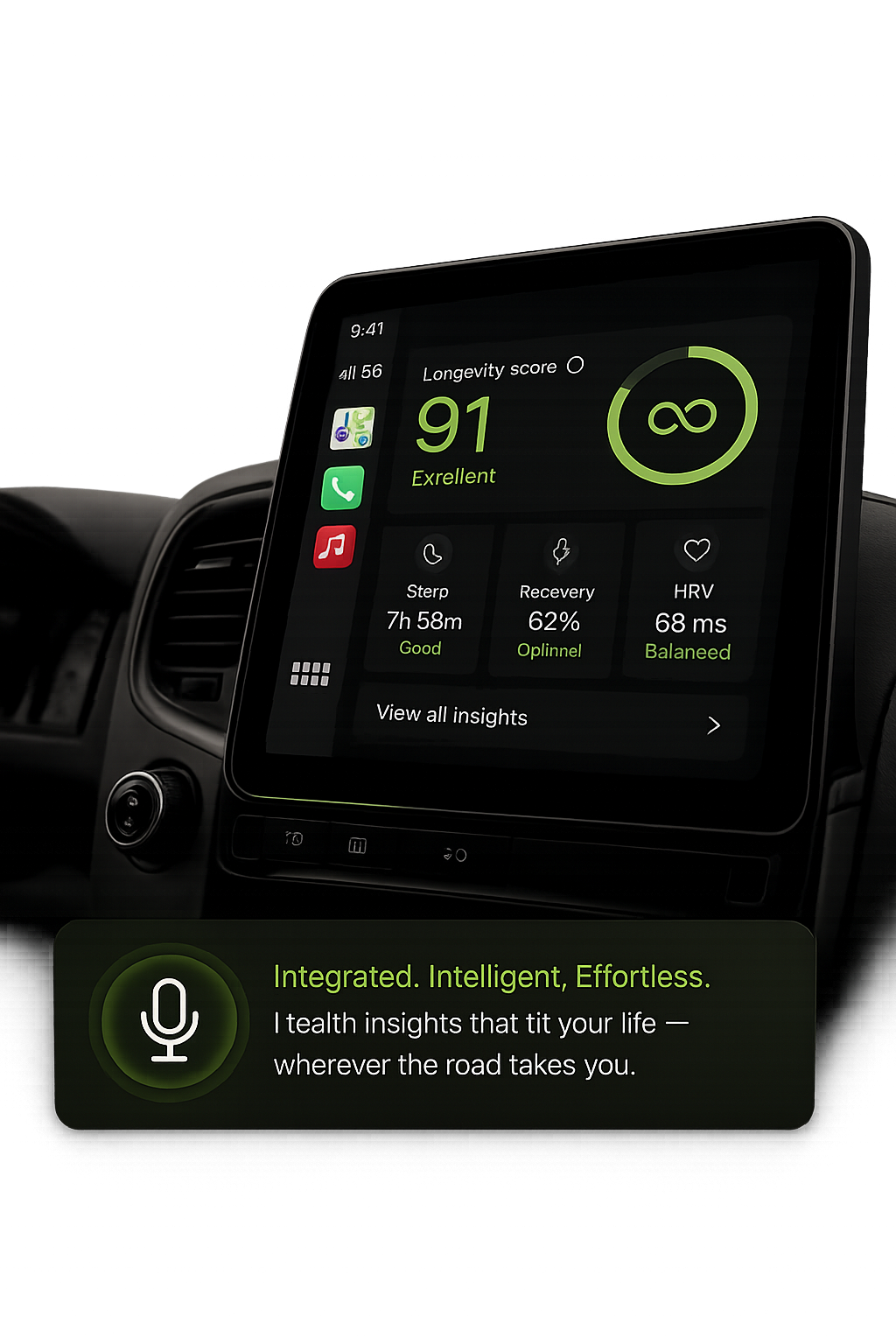 The Prev8 longevity dashboard shown on an in-car CarPlay screen — longevity score 91, sleep, recovery and HRV stats