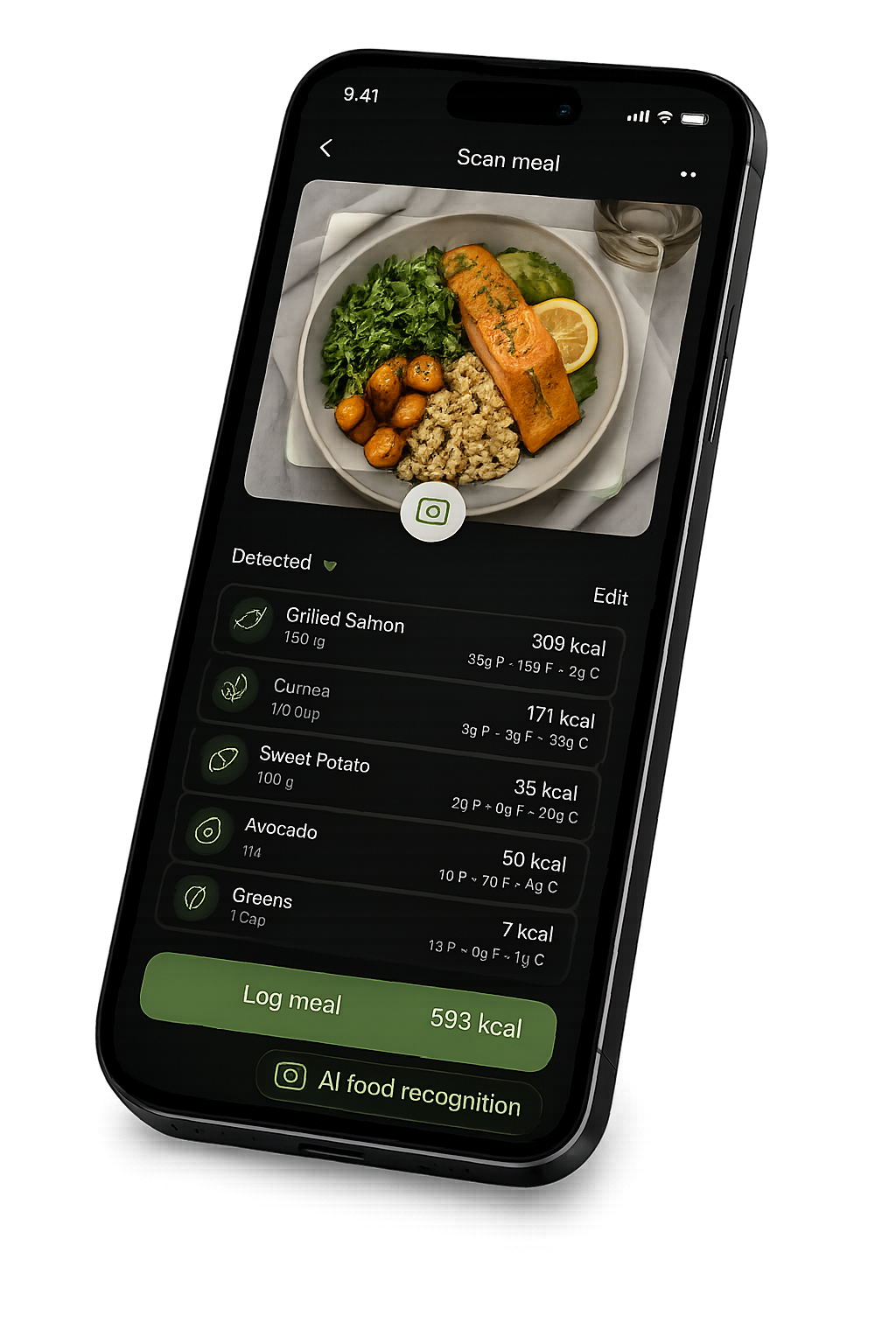 Prev8 scan meal screen on a phone — a grilled salmon plate with detected foods, calories and macros