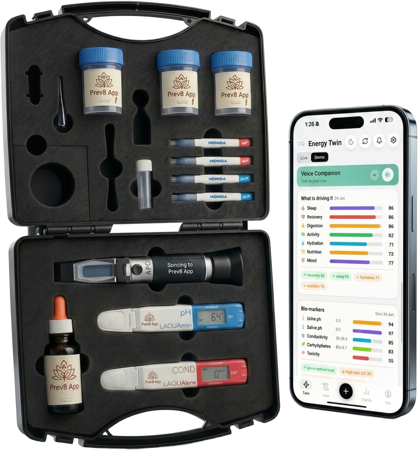 Prev8 professional urine and saliva testing kit with pH, conductivity, nitrate and refractometer meters next to the app