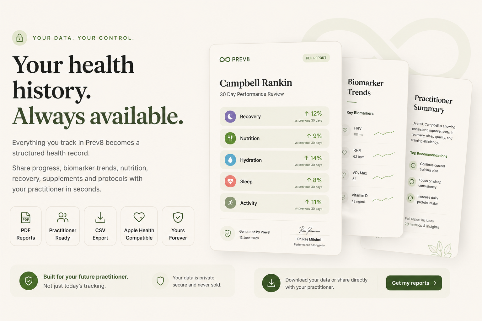 Prev8 health history — structured health record with PDF reports, biomarker trends and a practitioner summary you can share