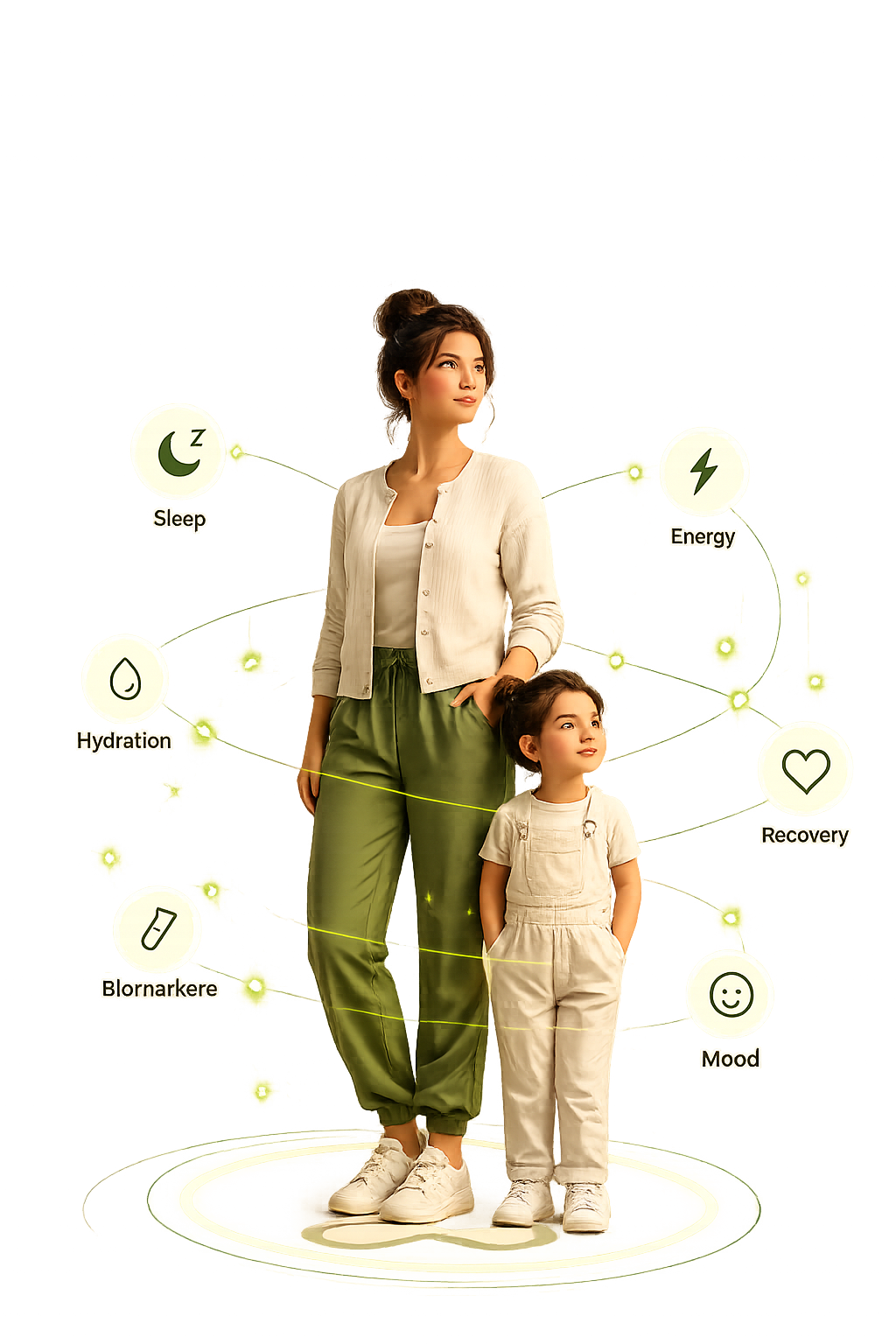 A parent and child surrounded by their living Energy Twin — sleep, hydration, biomarkers, energy, recovery and mood